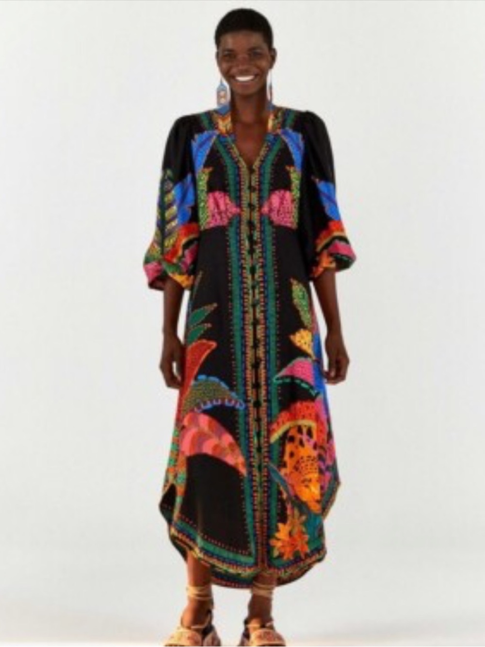 Farm Rio Black Cool Leopards Printed Button Linen Blent Maxi Dress - Picture 7 of 10